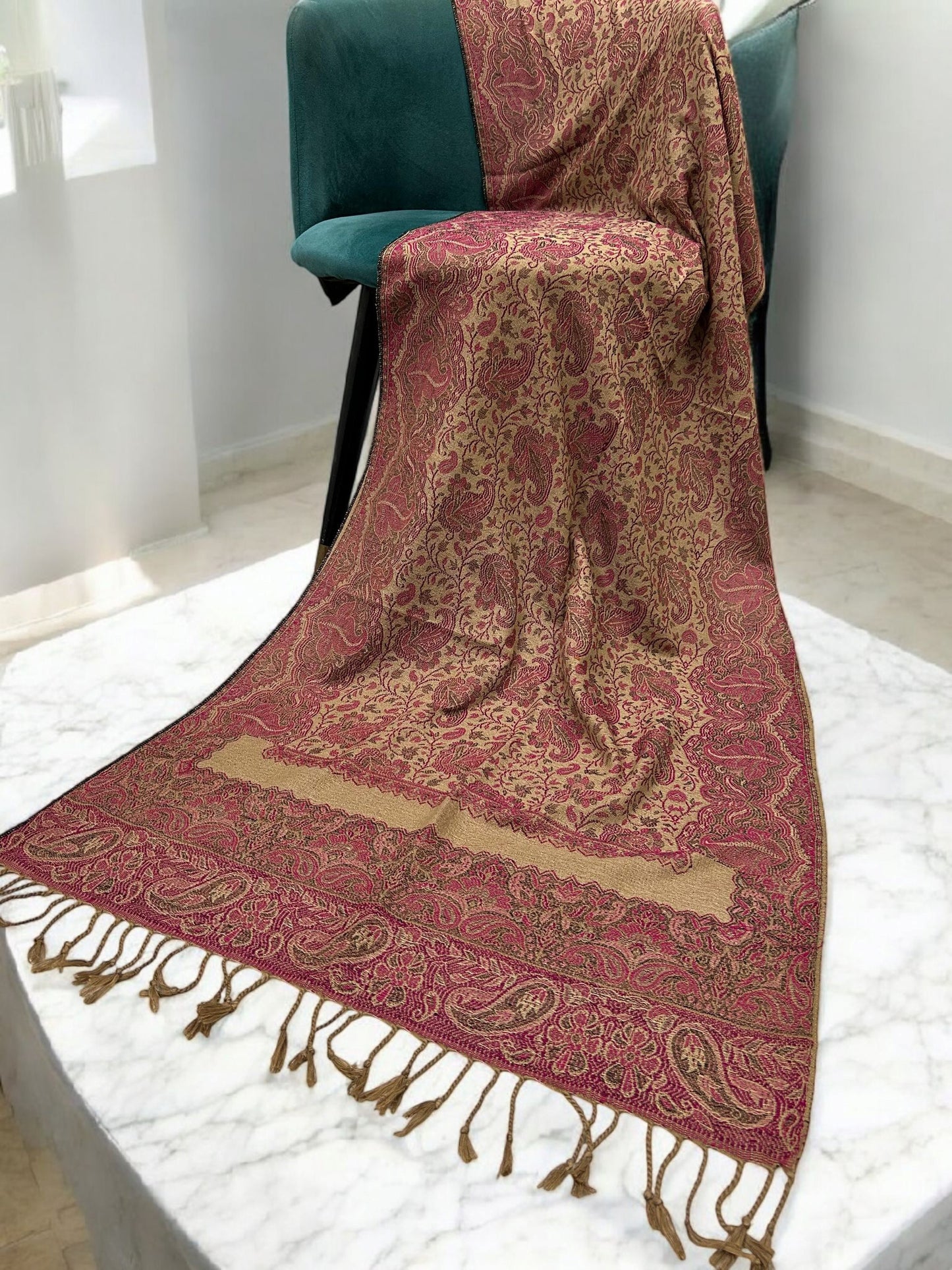 Beige Fandango Pink Damask Paisleys Dual Tone Pashmina Hijab