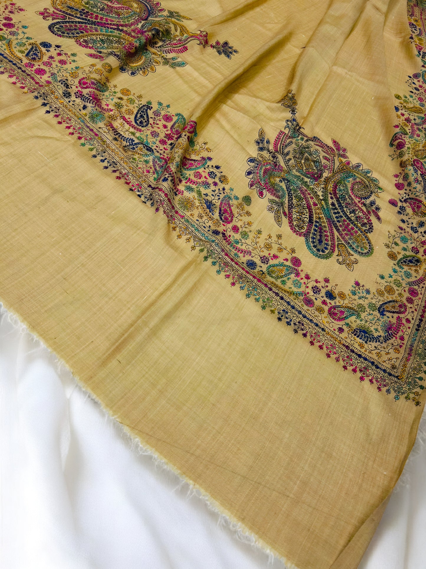 Beige Pink Multi - Hand Embroidered Paisley Kashmiri Shawl