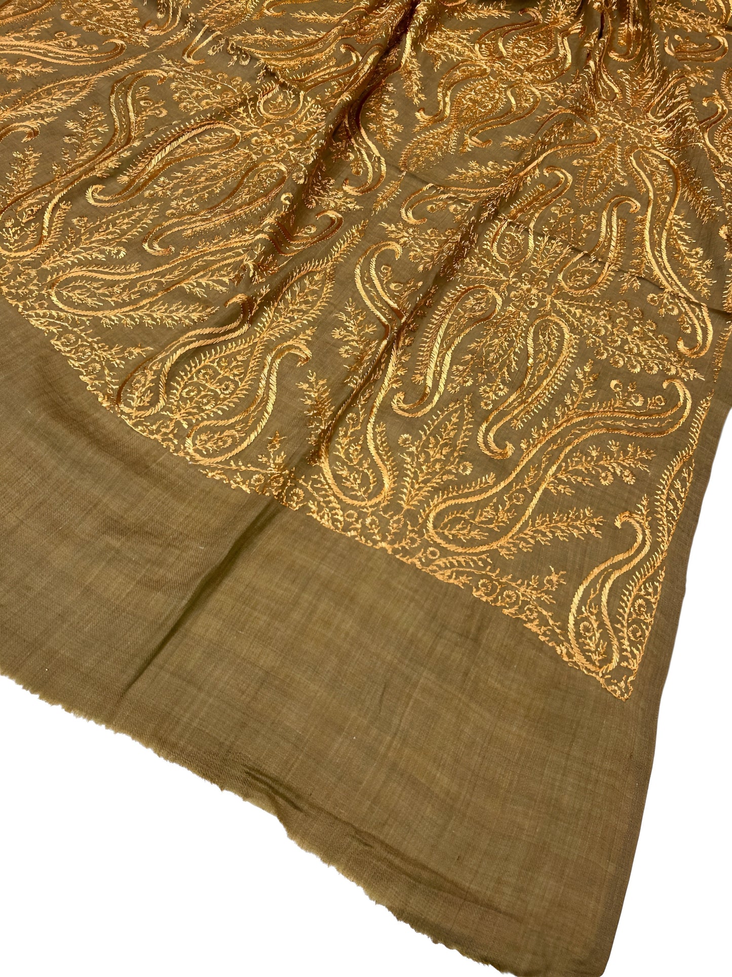 Brown Mustard - Embroidered Paisley Kashmiri Shawl