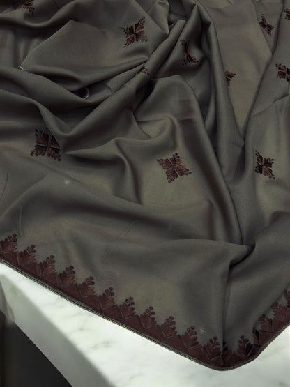Sepia Brown Curved Floral Border Shaal