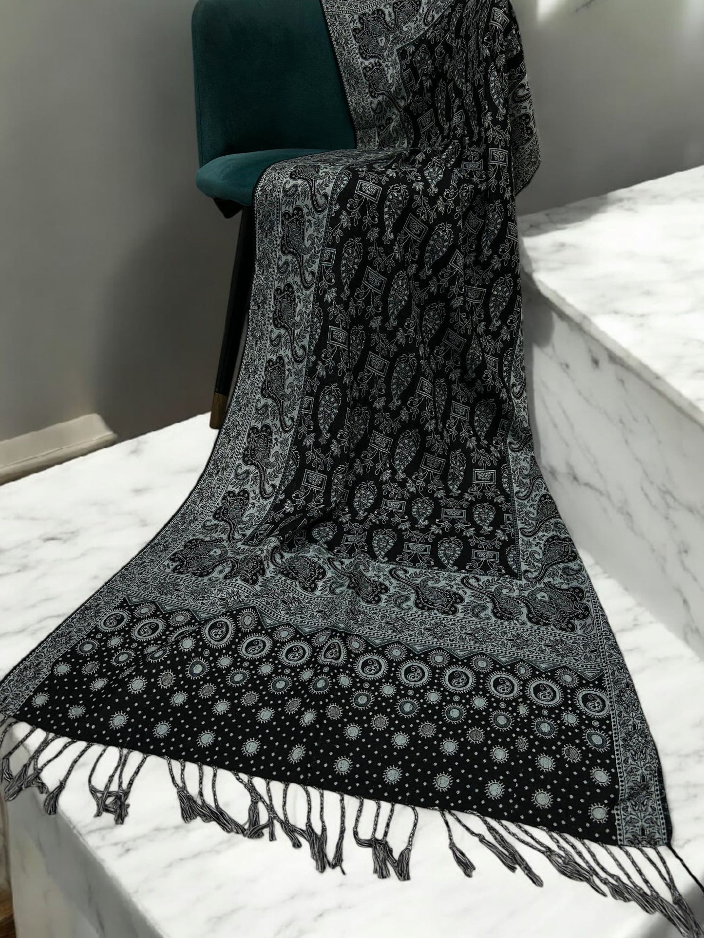 Black Ice Blue dotted two-tone Paisley Pashmina Hijab