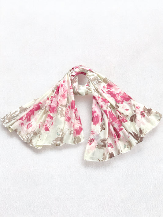 Creamy Pink Floral Printed Modal Hijab
