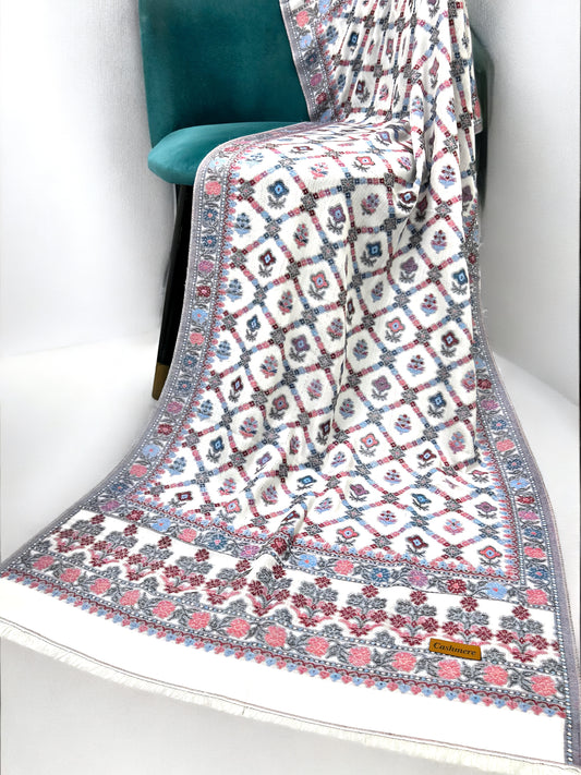White Pink Blue Crossed Floral Kani Pashmina Hijab