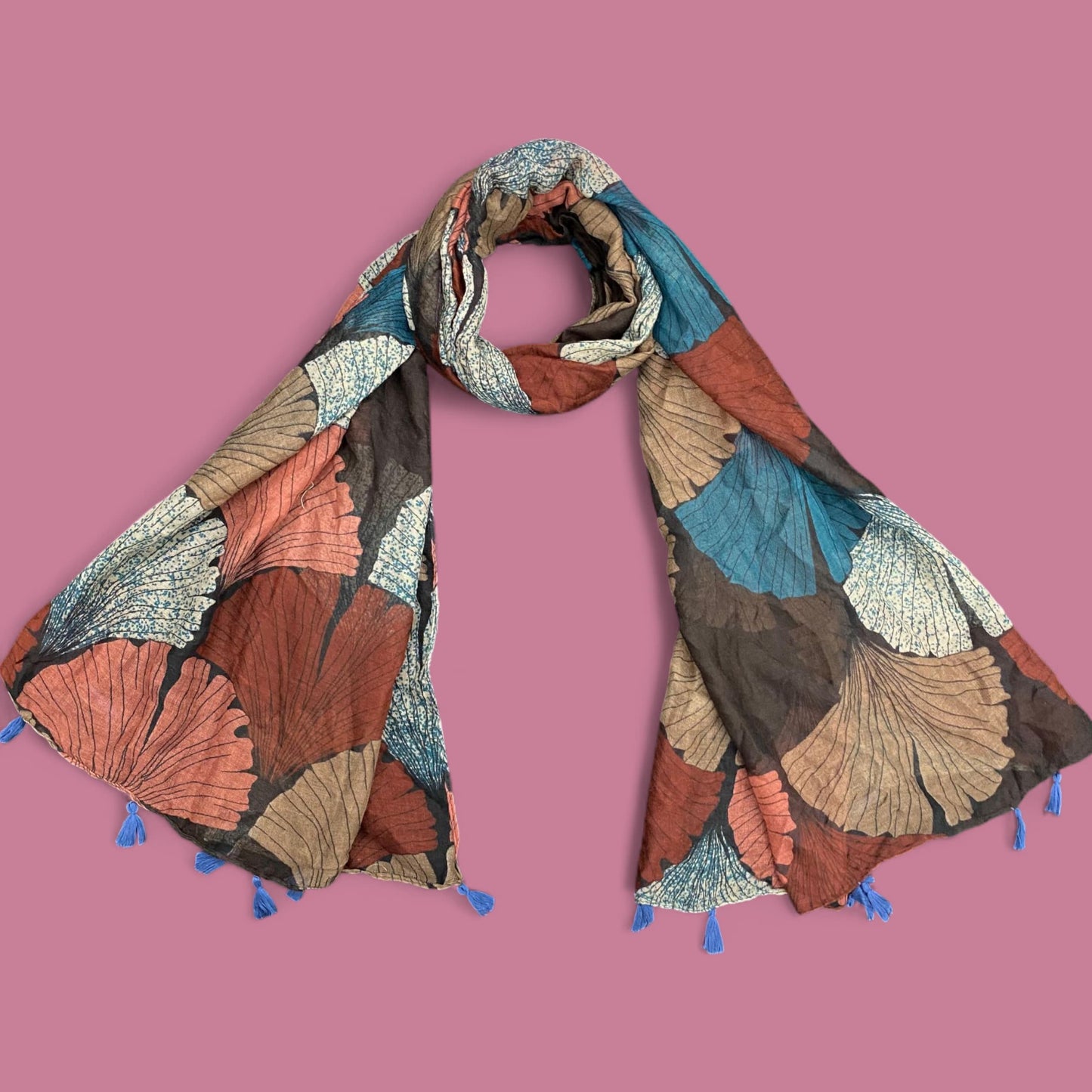 Brown Coral Shells Printed Lawn Tassel Hijab