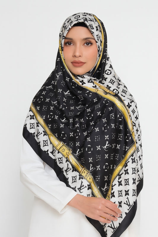 Large Satin Silk Scarf - Black White LV