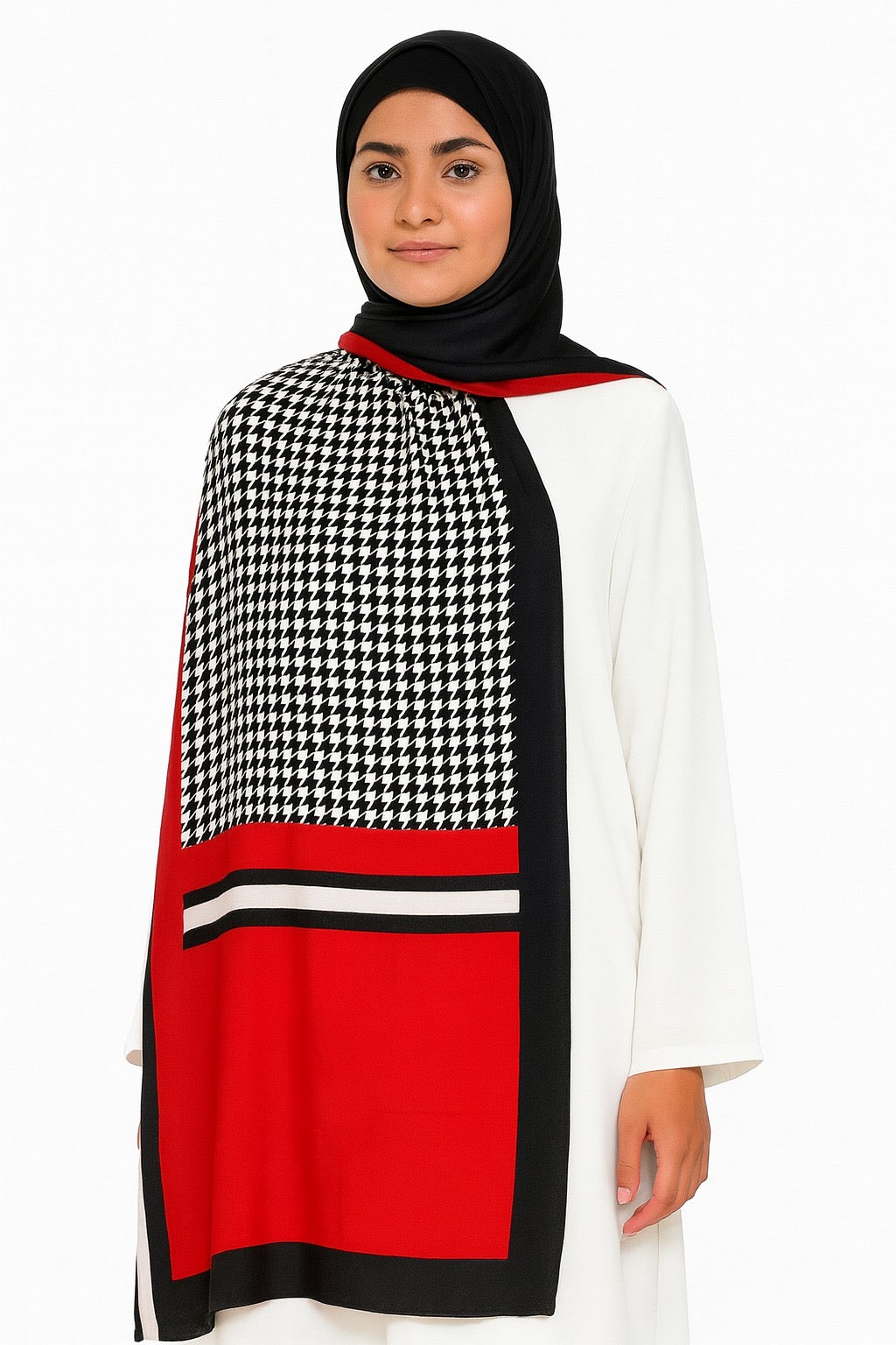 Large Satin Silk Scarf - Black & White Houndstooth