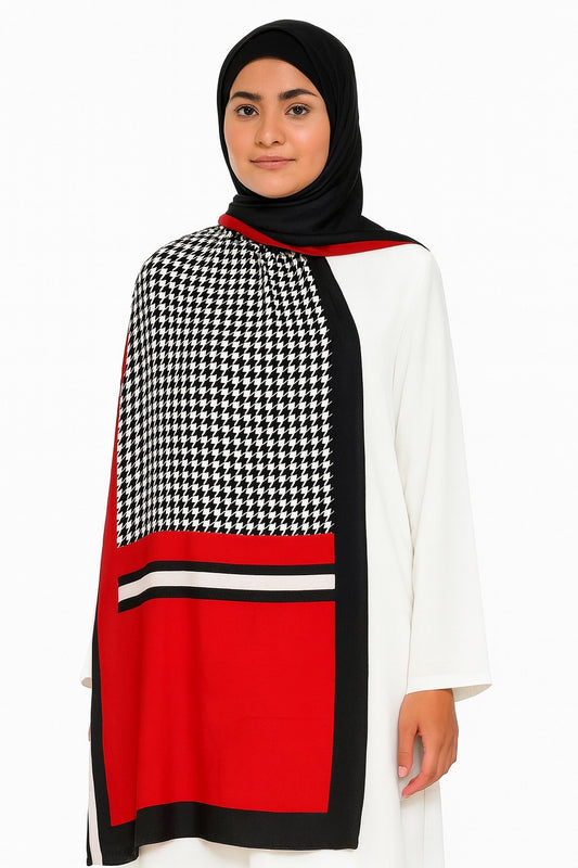 Large Satin Silk Scarf - Black & White Houndstooth