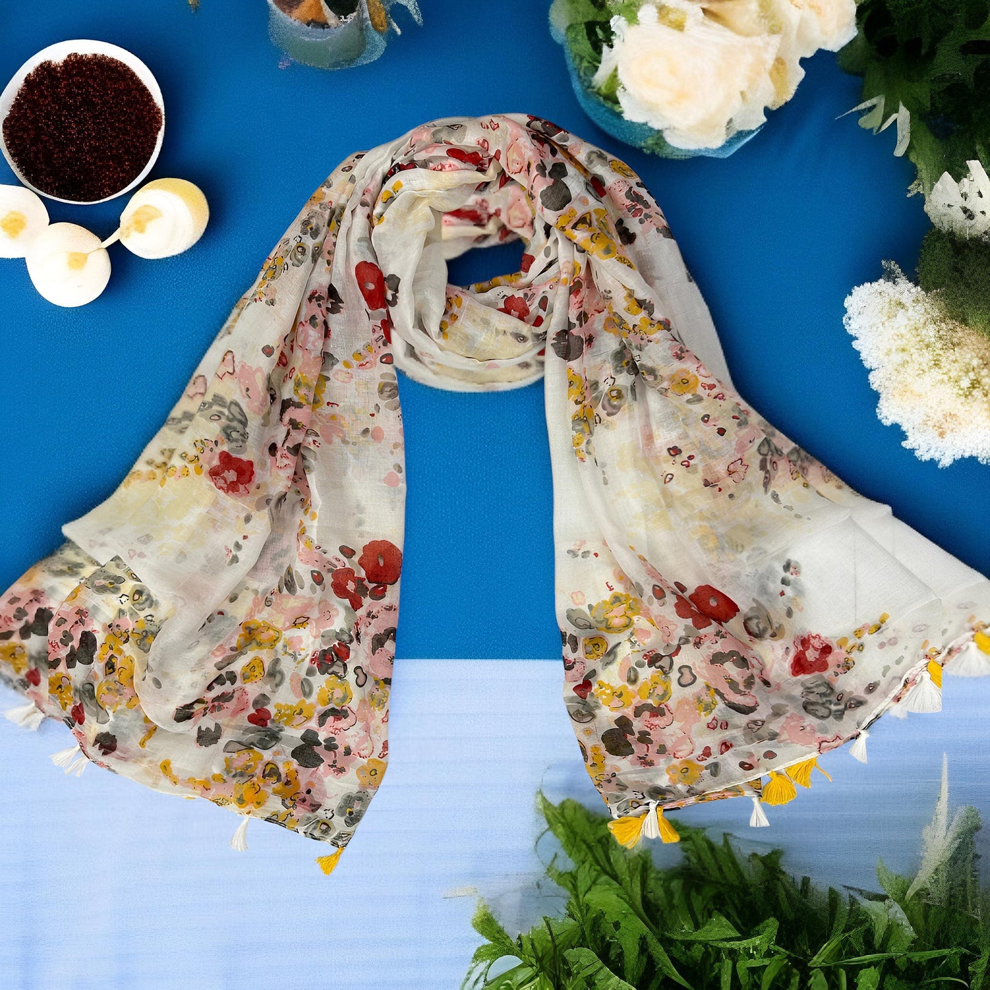Creamy Yellow Floral Printed Lawn Tassel Hijab