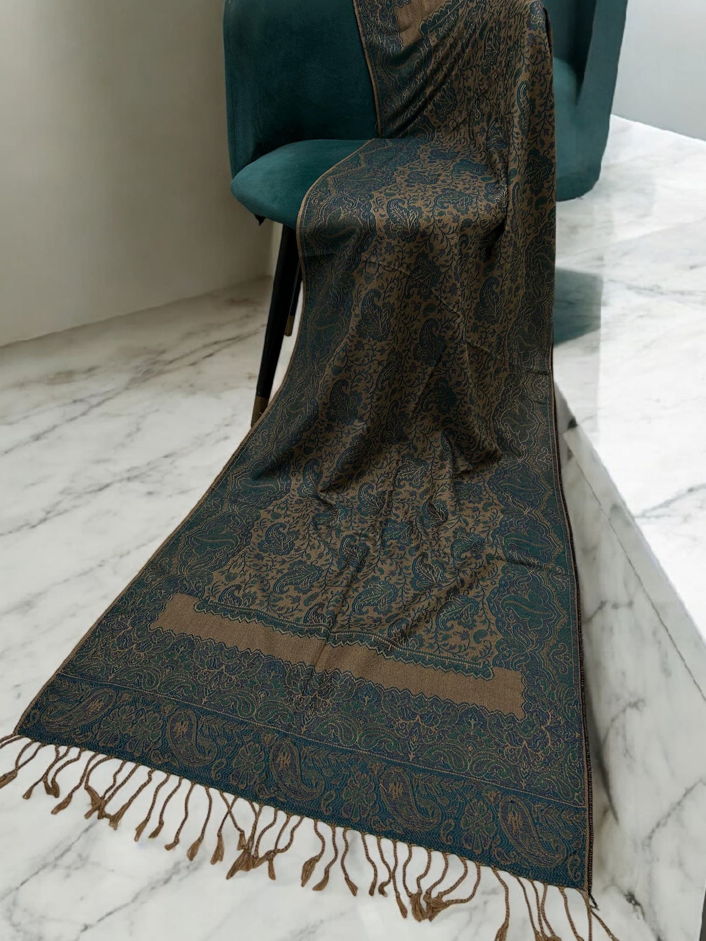 Sage Green Beige Two-tone Paisley Pashmina Hijab