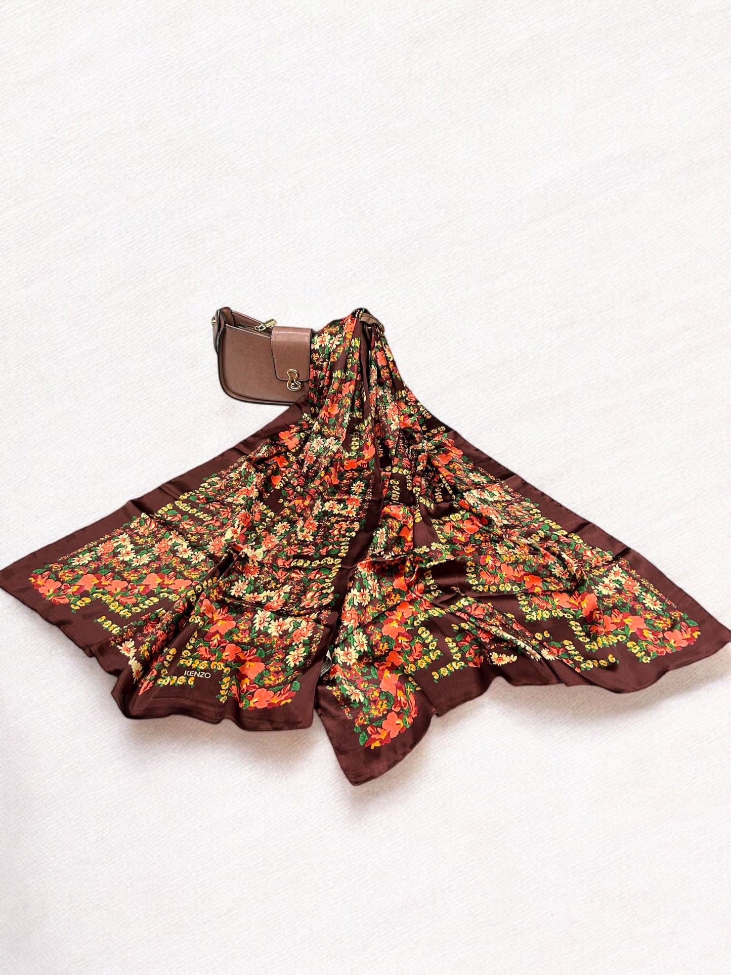 Satin Silk Scarf - Wood Brown Orange Floral