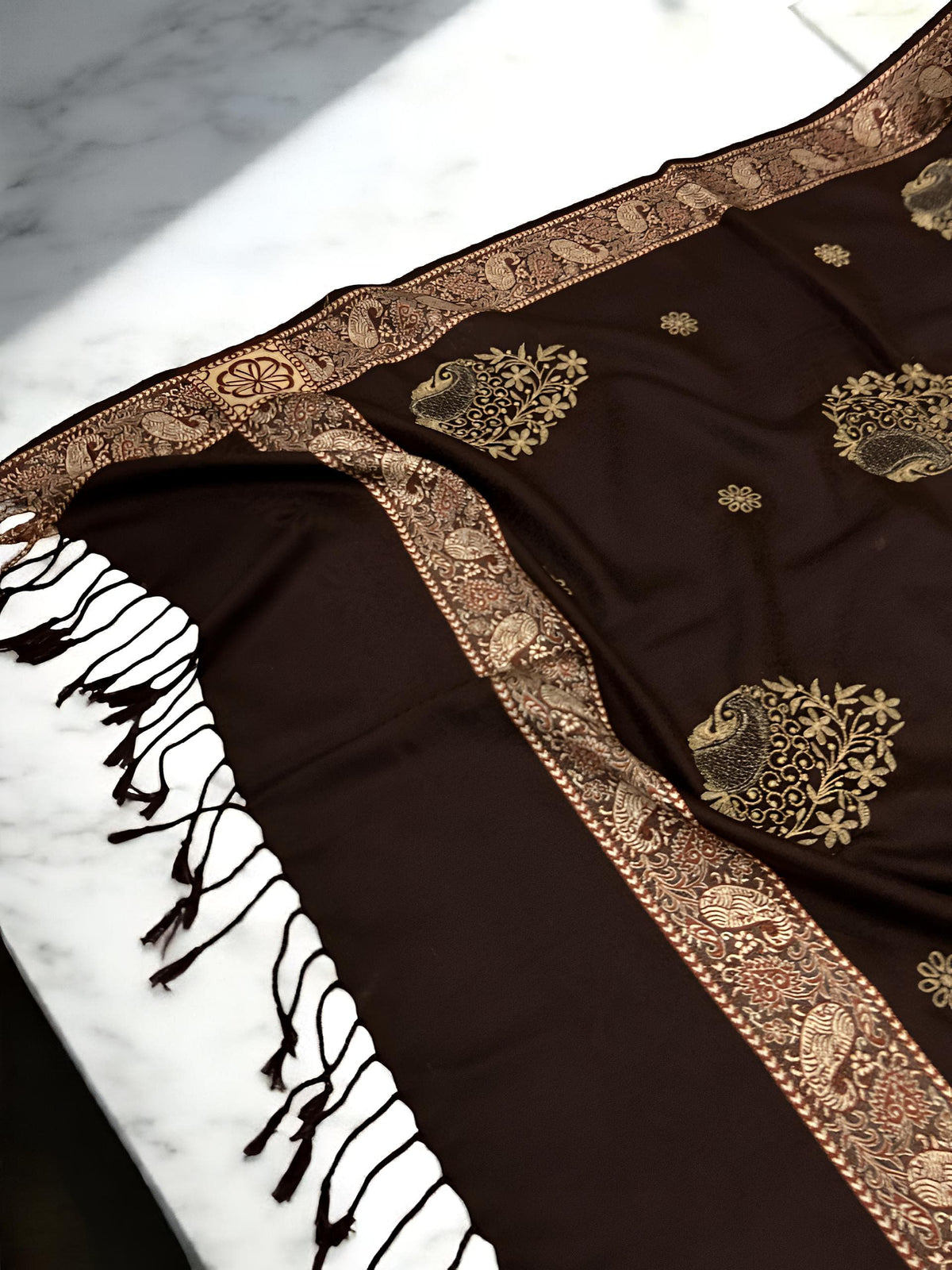 Chocolate Gold Border Embroidered Beige Patchwork Pashmina Shawl
