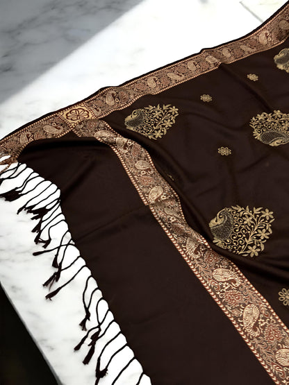Chocolate Gold Border Embroidered Beige Patchwork Pashmina Shawl