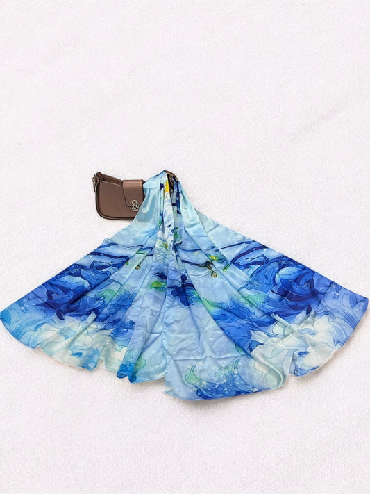 Large Satin Silk Scarf - Shades of Blue Flowers