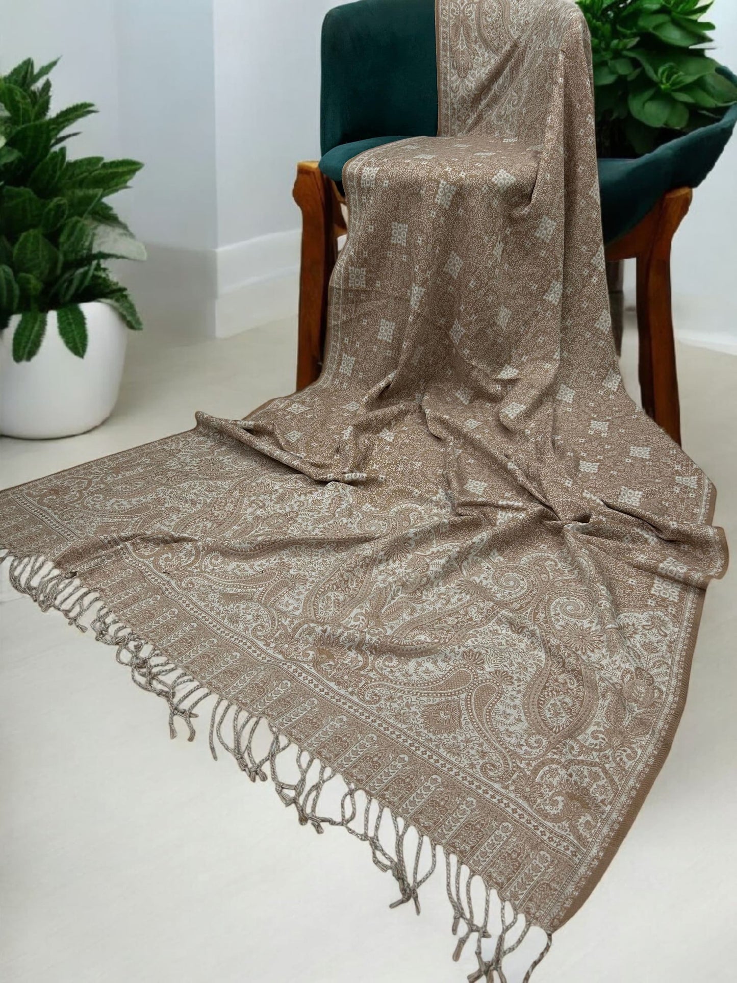 Threadwork Paisley Pashmina Shawl - Cappuccino White