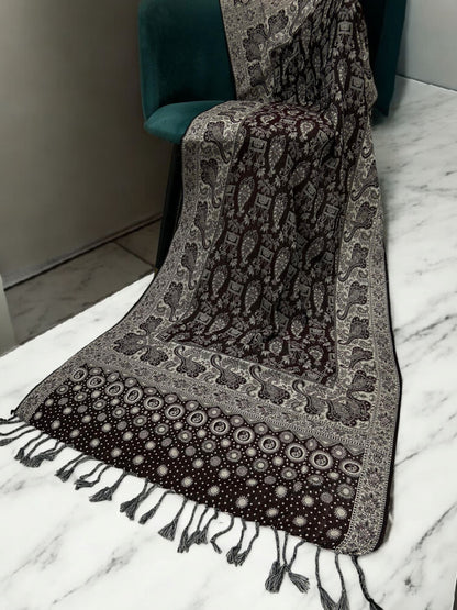 Mahogany Silver White Dotted Two-tone Paisley Pashmina Hijab
