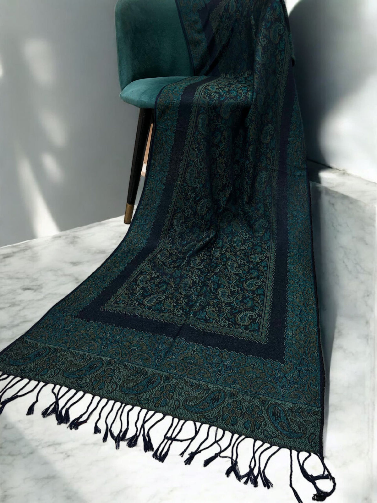 Navy Teal Little Paisleys Two-Tone Pashmina Hijab