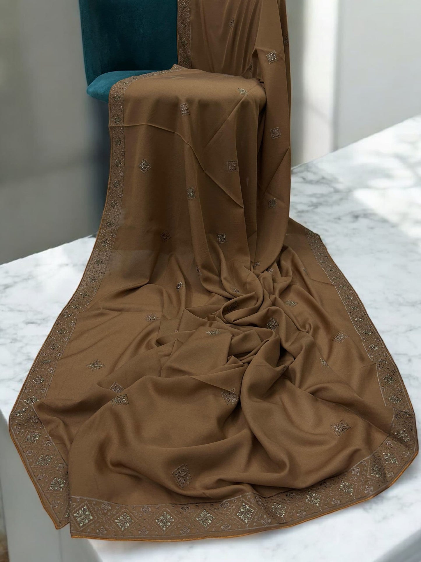 Caramel Brown Squares Threadwork Embroidered Border Shaal