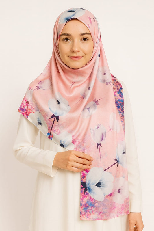Large Satin Silk Scarf - Baby Pink Pansy