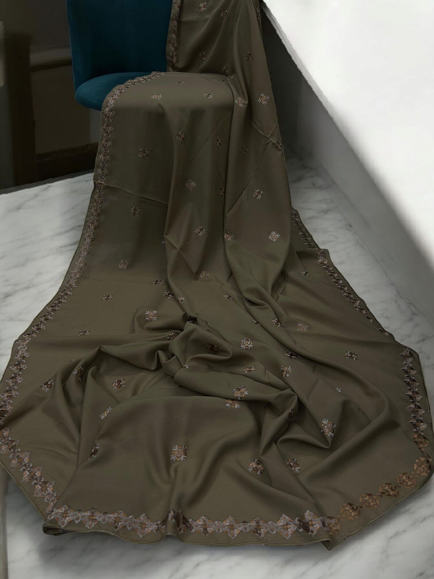 Stone Grey Peach Floral Diamond Embroidered Shaal
