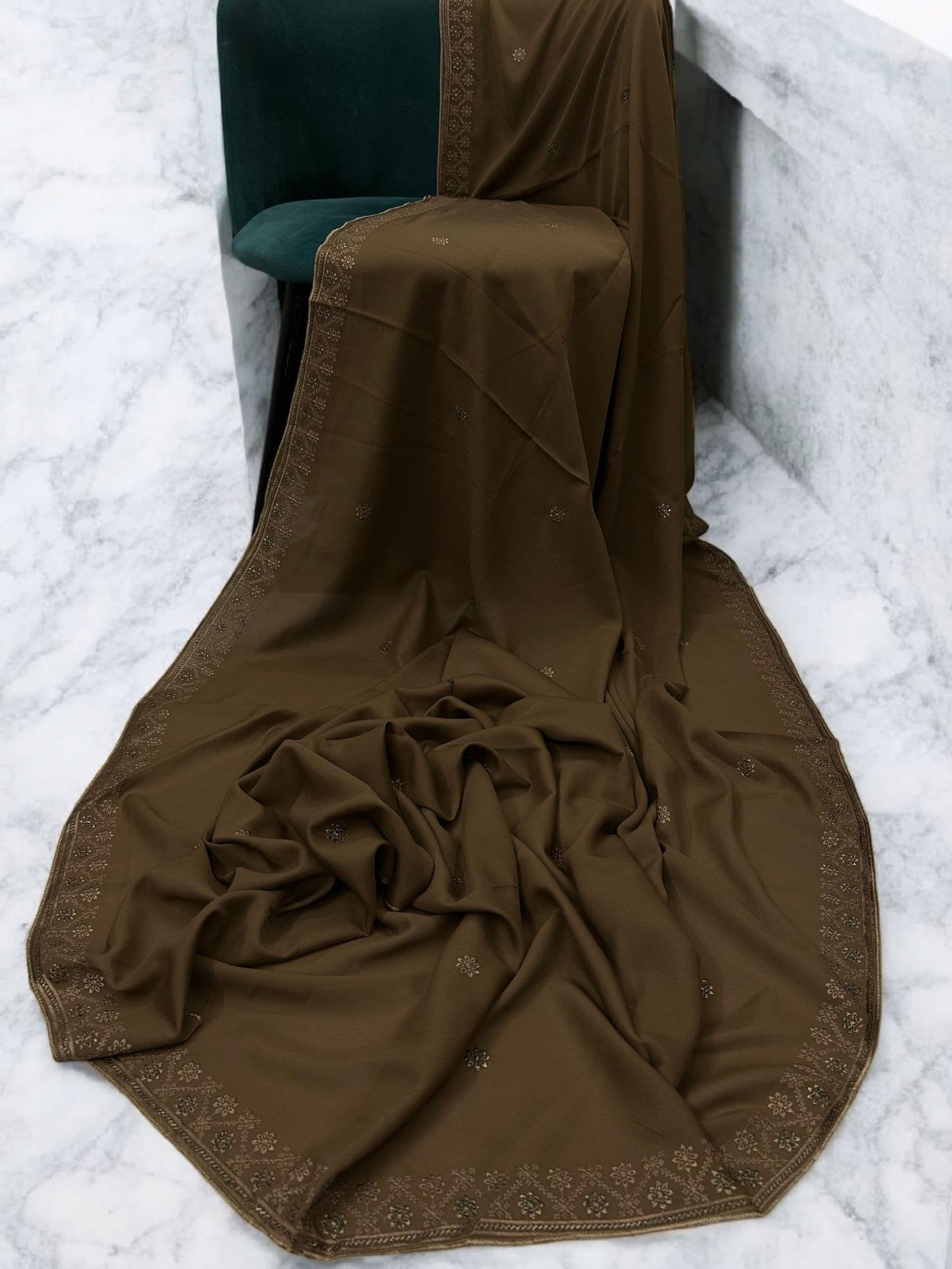 Saddle Brown Flowers Threadwork Embroidered Border Shaal