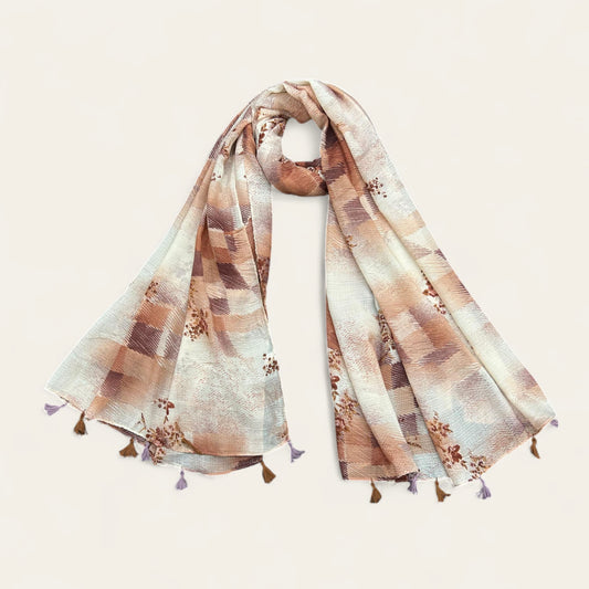 White Brown Sketches Floral Printed Modal Hijab