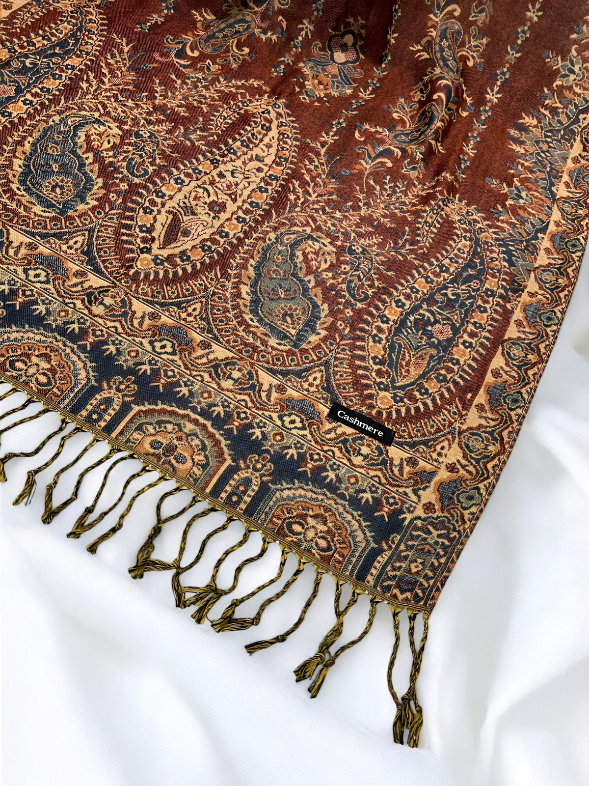 Caramel Fawn Teal Persian Linear Paisley Two-Tone Pashmina Hijab