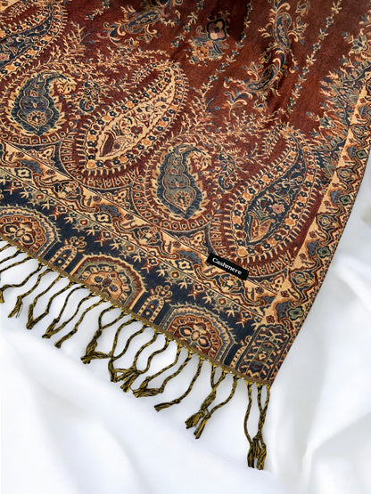 Caramel Fawn Teal Persian Linear Paisley Two-Tone Pashmina Hijab