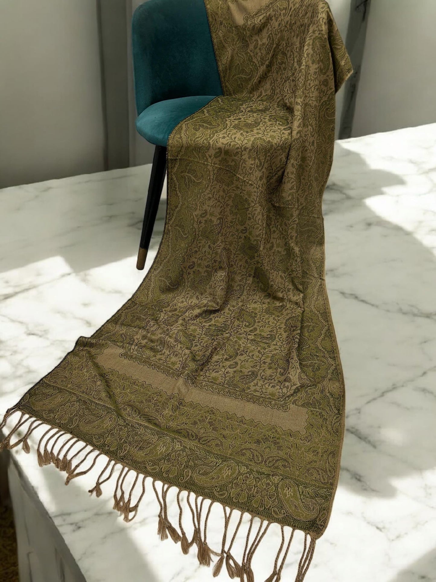 Kelly Green Beige Brown Two-tone Paisley Pashmina Hijab