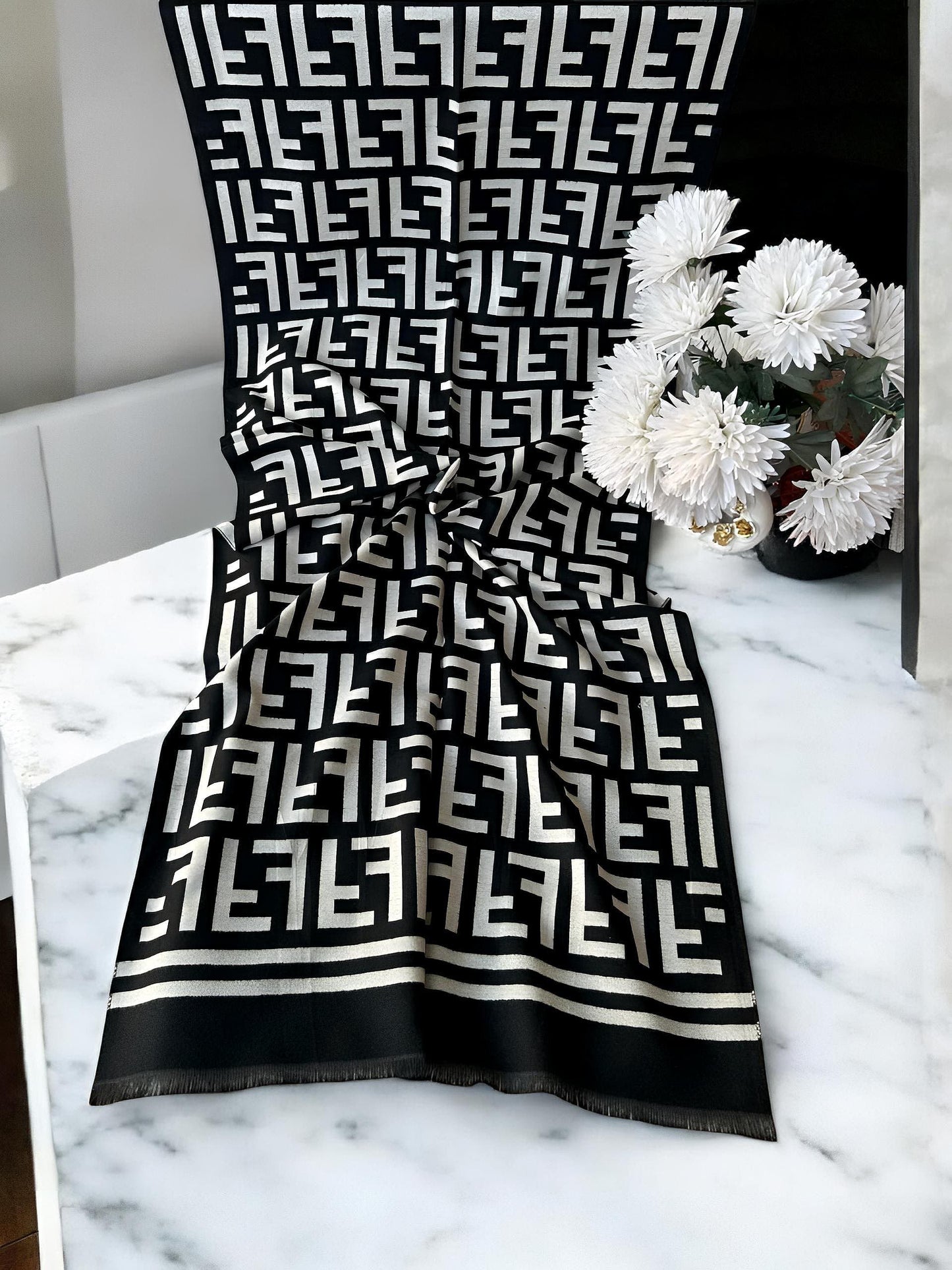 Luxury Branded Wool Scarf - Black White Fendi