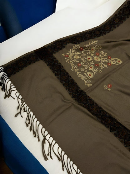 Greige Mahogany Border Embroidered Cream Floral Pashmina Shawl