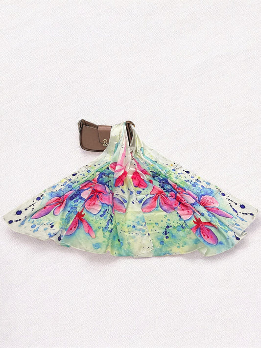Large Satin Silk Scarf - White Pink Dotted Flowers