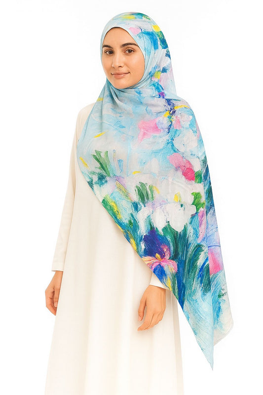 Large Satin Silk Scarf - Blue Abstract Garden