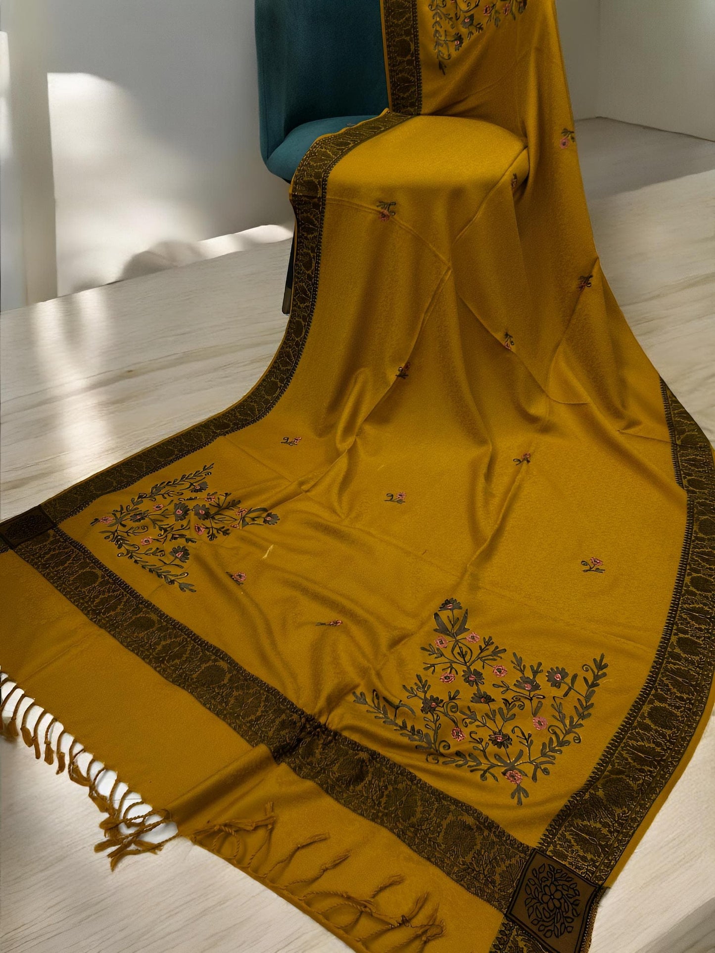 Mustard Brown Border Embroidered Olive Floral Shawl
