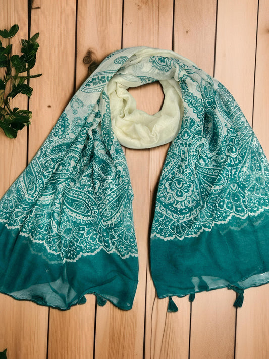 Aquamarine Paisley Printed Lawn Tassel Hijab
