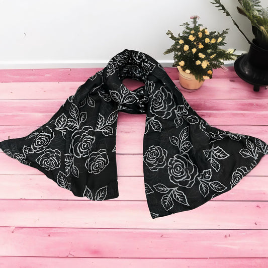 Black Grey Roses Printed Modal Hijab