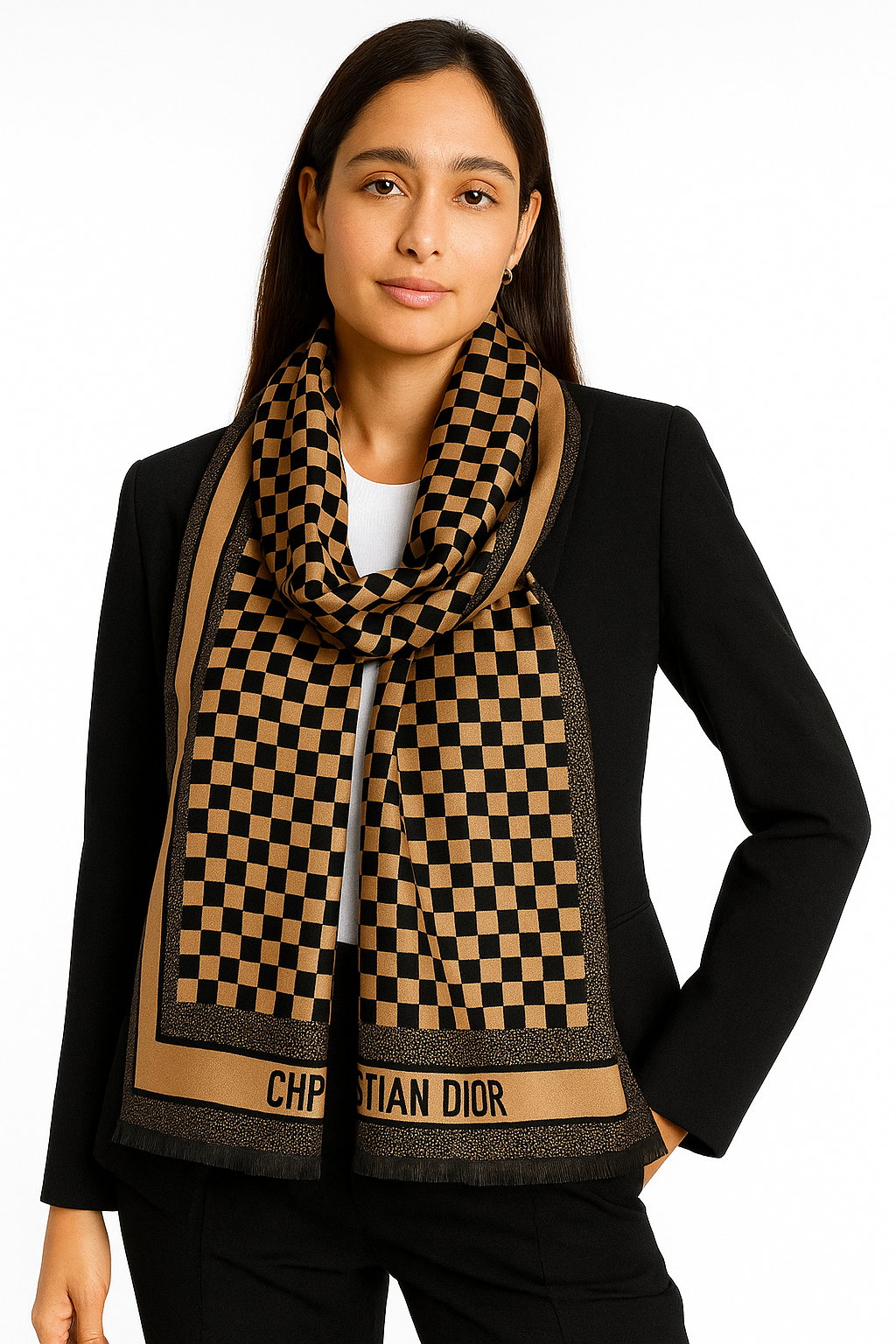 Luxury Branded Wool Scarf - Black Caramel Dior