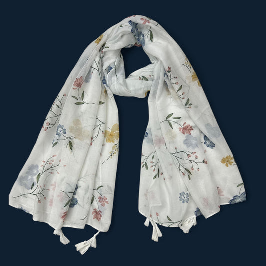 White Beauty Flowers Printed Modal Hijab