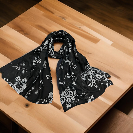Black Grey Waterlily Printed Modal Hijab