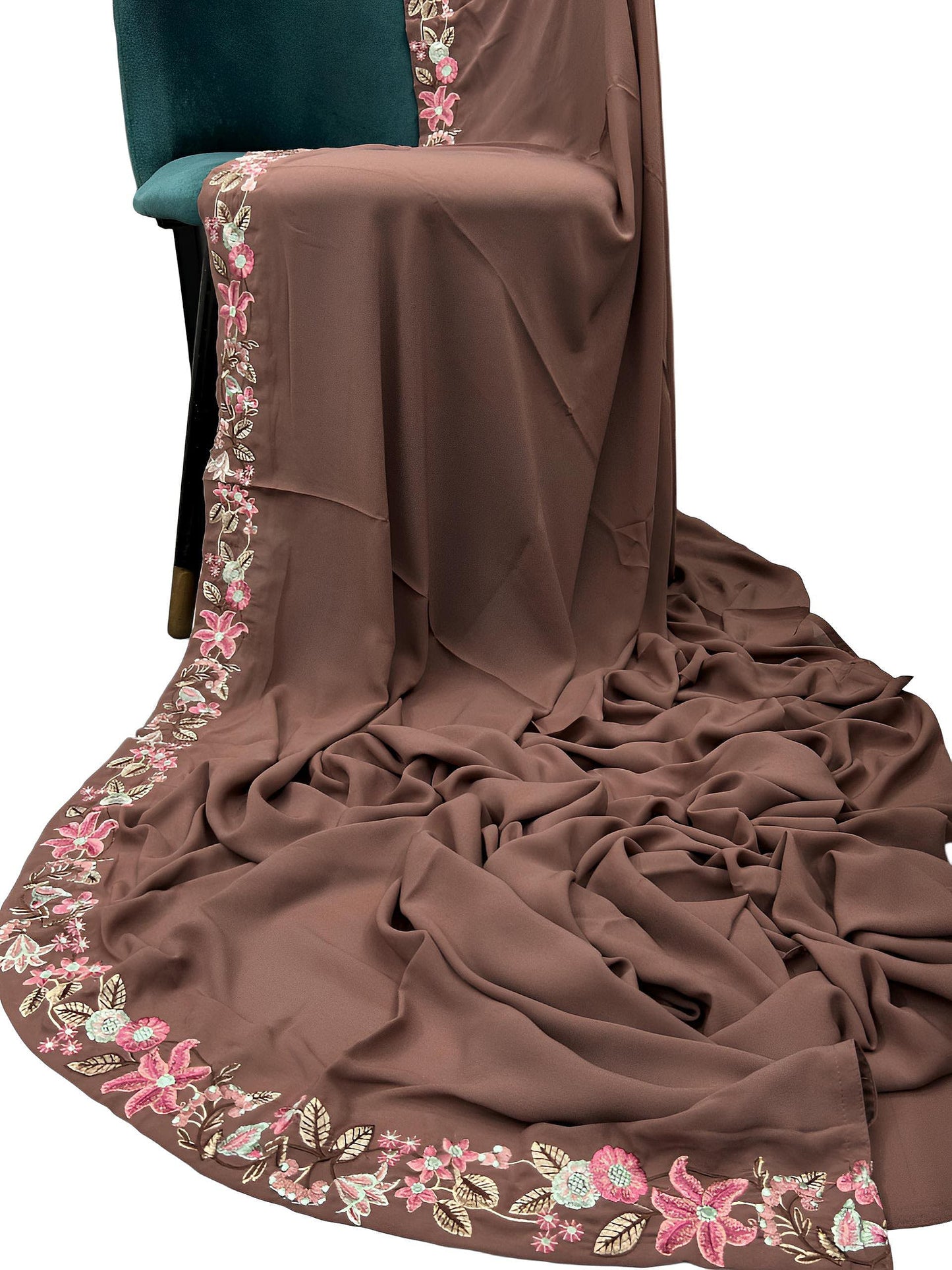 Luxury Russet Brown Floral Border Korean Shaal