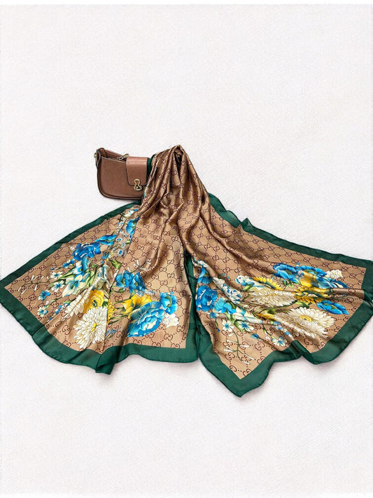 Large Satin Silk Scarf - Brown Green Gucci Floral