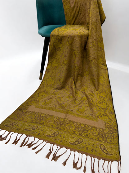 Beige Kelly Green Damask Paisleys Dual Tone Pashmina Hijab