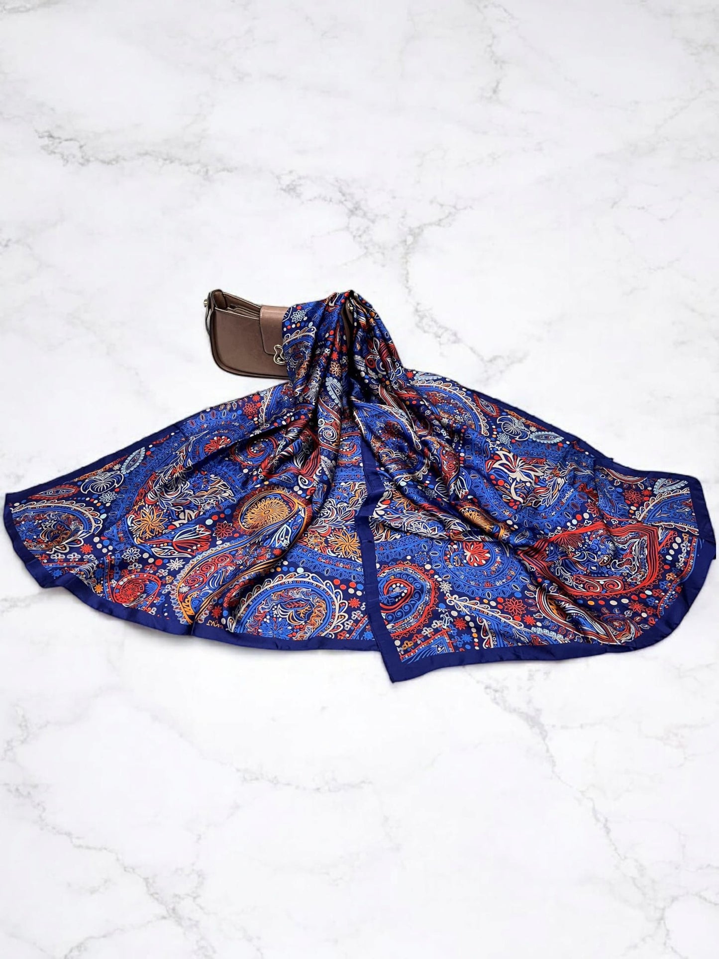 Large Satin Silk Scarf - Ink Blue Multi Mandala