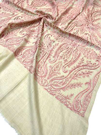 Beige Pink - Embroidered Paisley Kashmiri Shawl