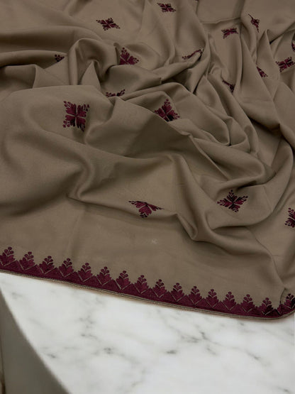 Khaki Maroon Curved Floral Border Shaal