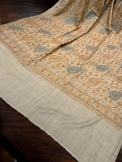 Beige Yellow - Embroidered Kalamkar Kashmiri Shawl