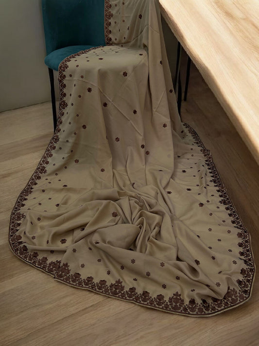 Biscuit Brown Dark Floral Embroidered Border Shaal