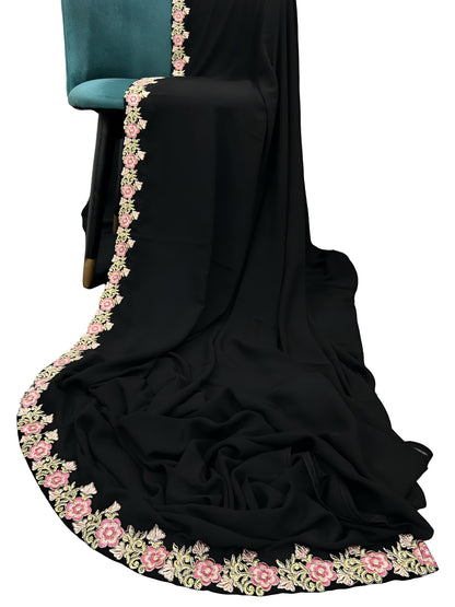 Black Pink Peonies Floral Border Shaal