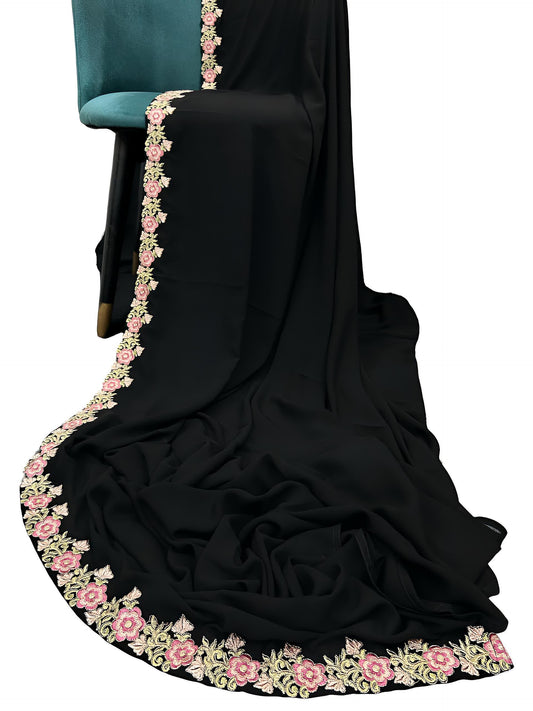 Black Pink Peonies Floral Border Shaal