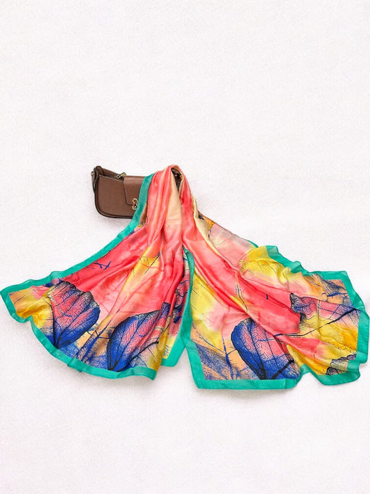 Large Satin Silk Scarf - Coral Turquoise Leaflet