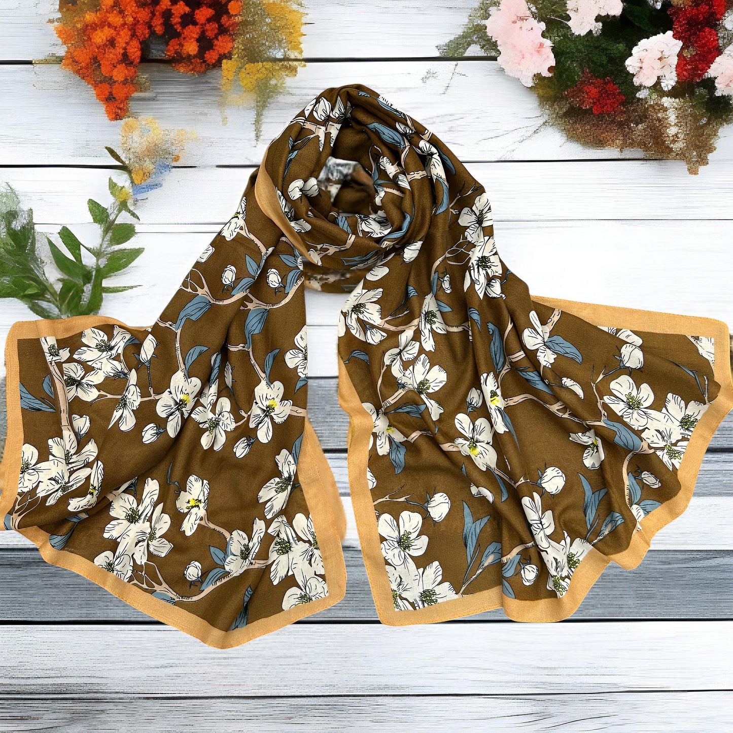 Wooden Brown Lilies Floral Printed Modal Hijab
